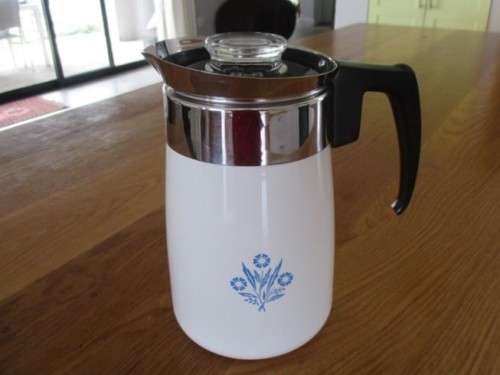 LARGE 6-CUP CORNING WARE STOVE TOP PERCOLATOR WITH BLUE CORNFLOWER DESIGN - COMPLETE
