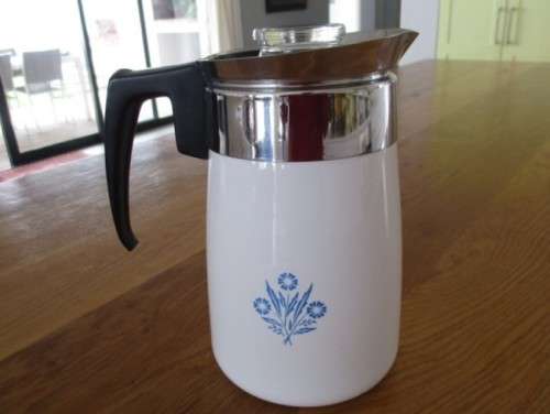 LARGE 6-CUP CORNING WARE STOVE TOP PERCOLATOR WITH BLUE CORNFLOWER DESIGN - COMPLETE