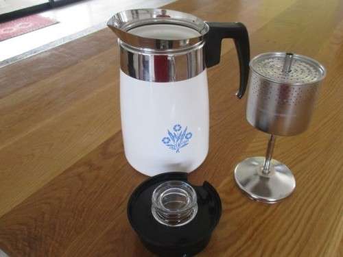 LARGE 6-CUP CORNING WARE STOVE TOP PERCOLATOR WITH BLUE CORNFLOWER DESIGN - COMPLETE