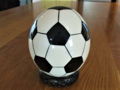FOR THE SOCCER ENTHUSIAST - A STUNNING PAINTED SOCCER BALL OSTRICH EGG! WITH WOODEN STAND