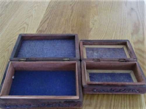 TWO VINTAGE DIFFERENT-SIZED HAND CARVED WOODEN JEWELLERY BOXES WITH BONE INLAY