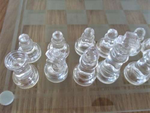 A COMPLETE GLASS CHESS SET WITH ORIGINAL BOX