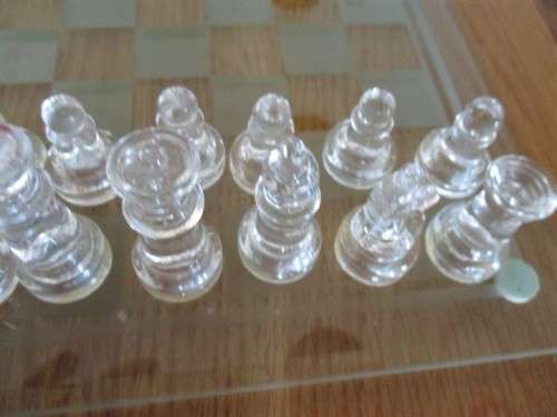 A COMPLETE GLASS CHESS SET WITH ORIGINAL BOX