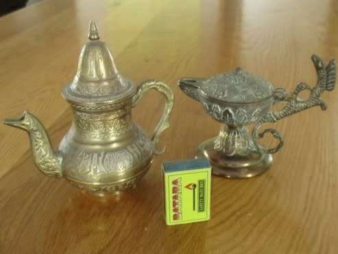 FOR WILLIAM111$ ONLY - SMALL VERY DECORATIVE SMALL TURKISH COFFEE POT AND OIL LAMP