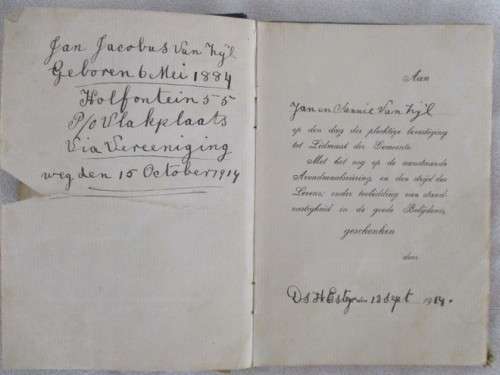 1913 -Geteken deur eerste predikant Vereengiging NG Kerk - De Jonge Lidmaat deur Ds. HE Steyn