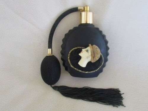 VINTAGE BLACK SATIN GLASS PERFUME BOTTLE/ATOMISER WITH ART DECOR FLAPPER LADY HEAD