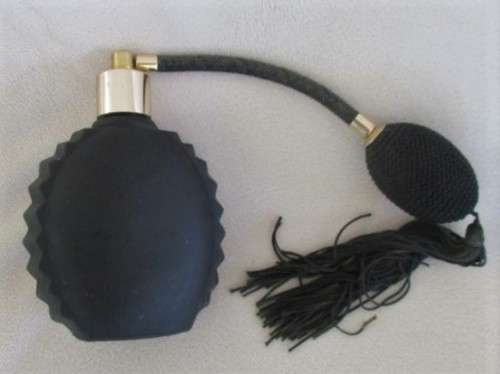 VINTAGE BLACK SATIN GLASS PERFUME BOTTLE/ATOMISER WITH ART DECOR FLAPPER LADY HEAD