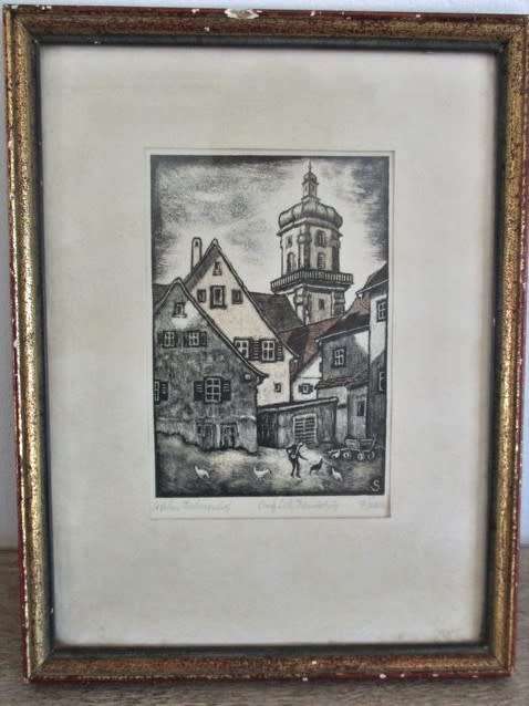 ETCHING OF SCENE IN AALEN, GERMANY - ORIGINAL PENCIL SIGNATURE