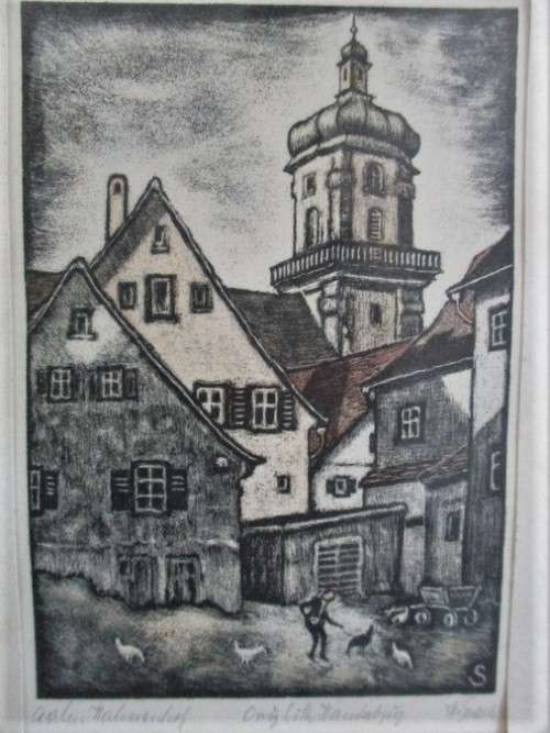 ETCHING OF SCENE IN AALEN, GERMANY - ORIGINAL PENCIL SIGNATURE