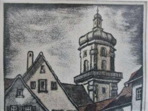 ETCHING OF SCENE IN AALEN, GERMANY - ORIGINAL PENCIL SIGNATURE