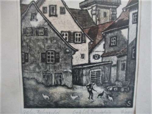 ETCHING OF SCENE IN AALEN, GERMANY - ORIGINAL PENCIL SIGNATURE