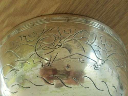 VINTAGE CHINESE BRASS BOWL WITH MYTHICAL BEAST DESIGN - SIGNED