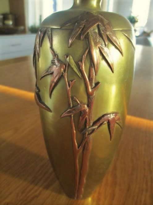 AWESOME! ANTIQUE MEIJI PERIOD JAPANESE TAPERED OVIFORM BRONZE/BRASS VASE WITH MULTI METAL OVERLAY