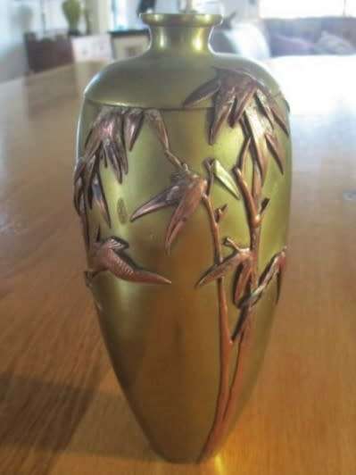 AWESOME! ANTIQUE MEIJI PERIOD JAPANESE TAPERED OVIFORM BRONZE/BRASS VASE WITH MULTI METAL OVERLAY