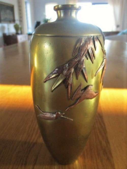 AWESOME! ANTIQUE MEIJI PERIOD JAPANESE TAPERED OVIFORM BRONZE/BRASS VASE WITH MULTI METAL OVERLAY