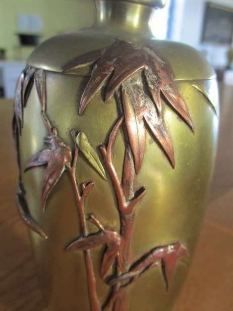 AWESOME! ANTIQUE MEIJI PERIOD JAPANESE TAPERED OVIFORM BRONZE/BRASS VASE WITH MULTI METAL OVERLAY
