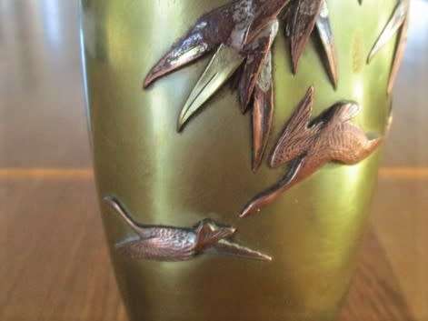 AWESOME! ANTIQUE MEIJI PERIOD JAPANESE TAPERED OVIFORM BRONZE/BRASS VASE WITH MULTI METAL OVERLAY