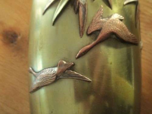 AWESOME! ANTIQUE MEIJI PERIOD JAPANESE TAPERED OVIFORM BRONZE/BRASS VASE WITH MULTI METAL OVERLAY