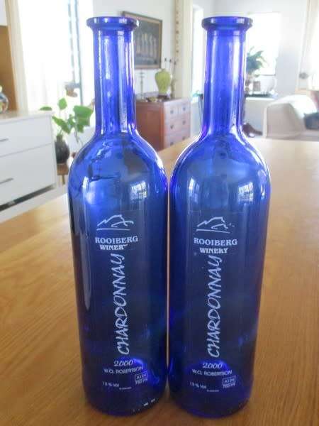 TWO RARE COBALT BLUE ROOIBERG WINERY CHARDONNAY BOTTLES