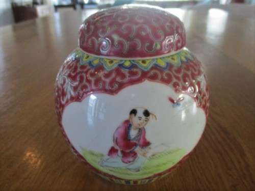 CHINESE GINGER JAR WITH LID AND CORK STOPPER DEPICTING RARE SCENE OF BOY CHASING BUTTERFLY - SIGNED