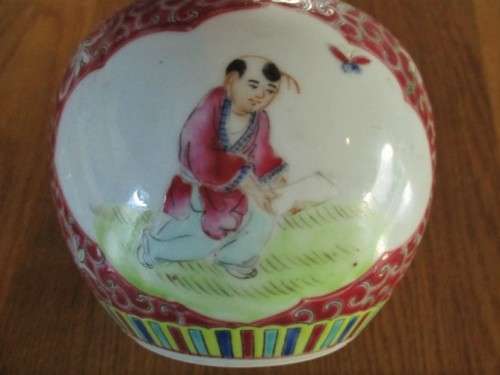 CHINESE GINGER JAR WITH LID AND CORK STOPPER DEPICTING RARE SCENE OF BOY CHASING BUTTERFLY - SIGNED
