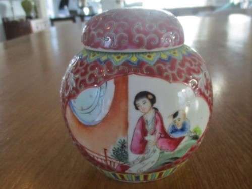 CHINESE GINGER JAR WITH LID AND CORK STOPPER DEPICTING RARE SCENE OF BOY CHASING BUTTERFLY - SIGNED