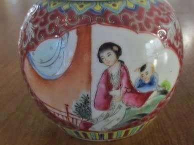 CHINESE GINGER JAR WITH LID AND CORK STOPPER DEPICTING RARE SCENE OF BOY CHASING BUTTERFLY - SIGNED