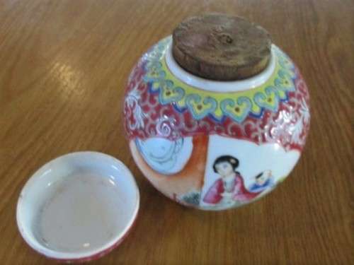 CHINESE GINGER JAR WITH LID AND CORK STOPPER DEPICTING RARE SCENE OF BOY CHASING BUTTERFLY - SIGNED