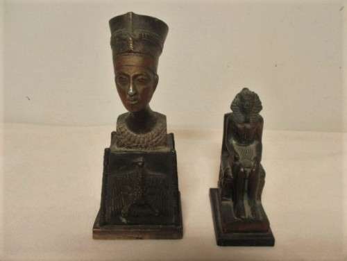 TWO VERY OLD BRONZE FIGURINES WITH PATINA OF PHAROAH KHAFRE AND QUEEN NEFERITITI MOUNTED ON WOOD