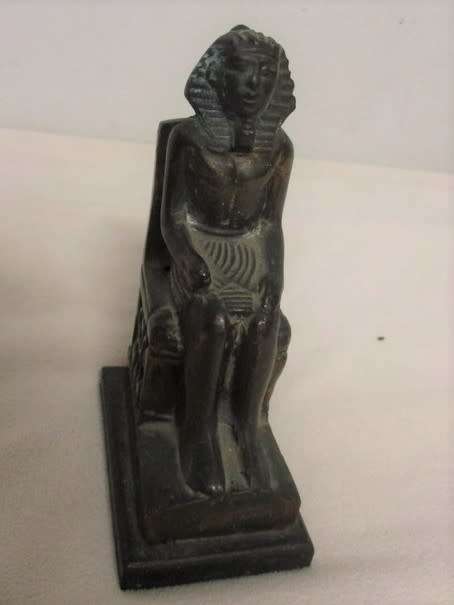 TWO VERY OLD BRONZE FIGURINES WITH PATINA OF PHAROAH KHAFRE AND QUEEN NEFERITITI MOUNTED ON WOOD