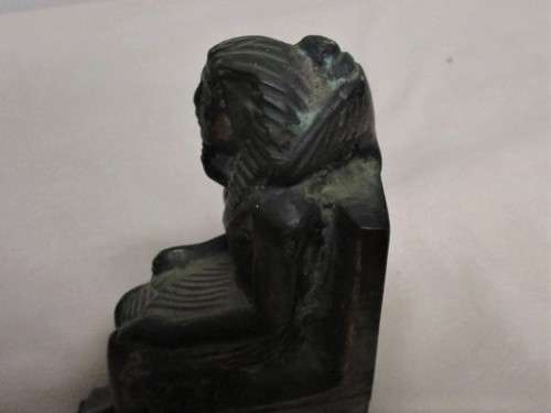 TWO VERY OLD BRONZE FIGURINES WITH PATINA OF PHAROAH KHAFRE AND QUEEN NEFERITITI MOUNTED ON WOOD