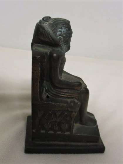 TWO VERY OLD BRONZE FIGURINES WITH PATINA OF PHAROAH KHAFRE AND QUEEN NEFERITITI MOUNTED ON WOOD