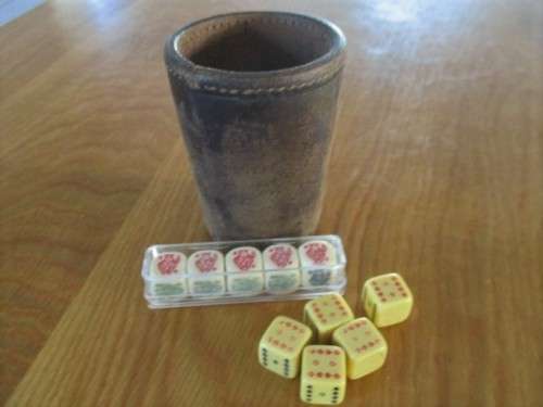 ANTIQUE LEATHER CUP AND 2 SETS OF DICE  - "WITH THE COMPLIMENTS OF THE UNITED TOBACCO CO (SOUTH) LTD