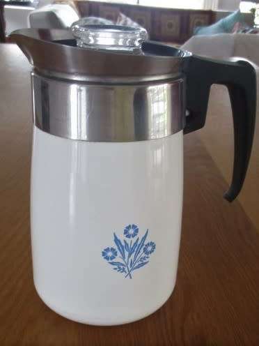 LARGE 6-CUP CORNING WARE STOVE TOP PERCOLATOR - BLUE CORNFLOWER DESIGN