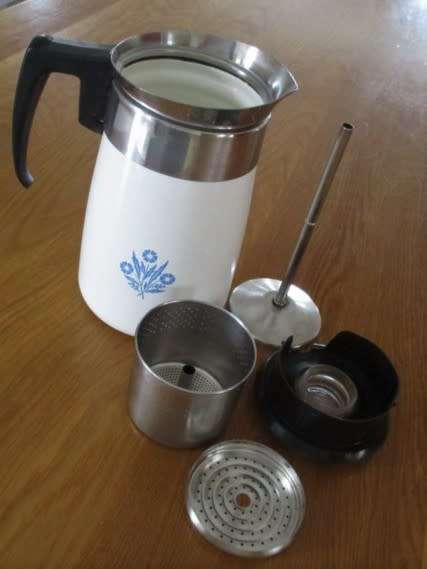LARGE 6-CUP CORNING WARE STOVE TOP PERCOLATOR - BLUE CORNFLOWER DESIGN