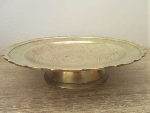 VINTAGE CHINESE FOOTED FRUIT BOWL WITH ENGRAVED SYMBOLS AND TWO DRAGONS WITH FIRE BALL - BRASS