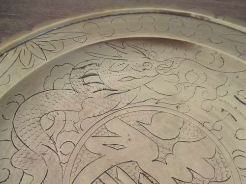 VINTAGE CHINESE FOOTED FRUIT BOWL WITH ENGRAVED SYMBOLS AND TWO DRAGONS WITH FIRE BALL - BRASS