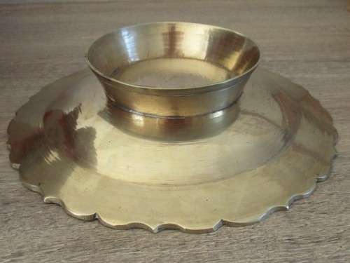 VINTAGE CHINESE FOOTED FRUIT BOWL WITH ENGRAVED SYMBOLS AND TWO DRAGONS WITH FIRE BALL - BRASS