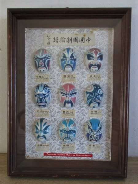 A VINTAGE BOXED FRAME DEPICTING VARIOUS FACIAL MASKS/CHARACTERS IN CHINESE OPERA