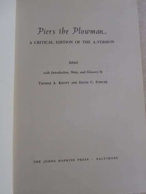 1969 HARD COVER -PIERS THE PLOWMAN A CRITICAL EDITION OF THE A-VERSION