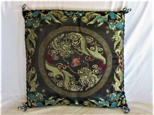 TRADITIONAL CHINESE BROCADE CUSHION - EXOTIC BIRDS AND DRAGONS PLAYING WITH FIREBALL-GREAT CONDITION