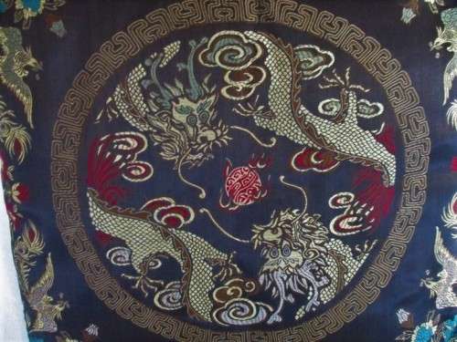 TRADITIONAL CHINESE BROCADE CUSHION - EXOTIC BIRDS AND DRAGONS PLAYING WITH FIREBALL-GREAT CONDITION