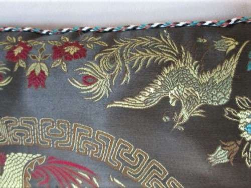 TRADITIONAL CHINESE BROCADE CUSHION - EXOTIC BIRDS AND DRAGONS PLAYING WITH FIREBALL-GREAT CONDITION
