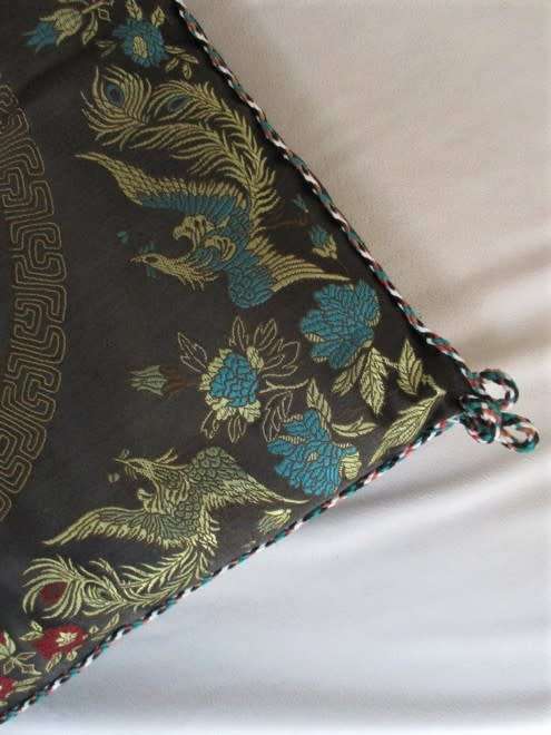 TRADITIONAL CHINESE BROCADE CUSHION - EXOTIC BIRDS AND DRAGONS PLAYING WITH FIREBALL-GREAT CONDITION