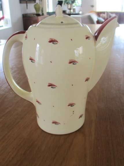 VINTAGE SUSIE COOPER COFFEE SET WITH UNUSUAL PATTERN (LOOKS LIKE EYE AND EYELASH) - CIRCA 1932-64