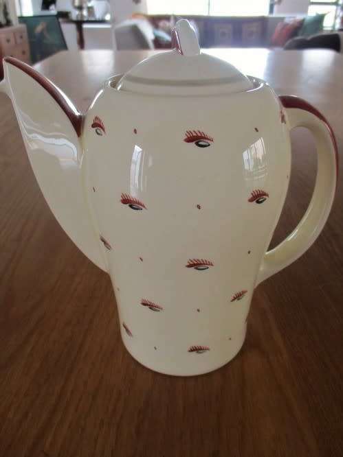 VINTAGE SUSIE COOPER COFFEE SET WITH UNUSUAL PATTERN (LOOKS LIKE EYE AND EYELASH) - CIRCA 1932-64