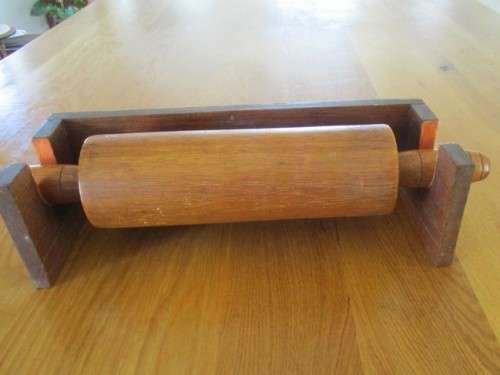 FOR MATVIS ONLY -LARGE VINTAGE SOLID WOOD ROLLING PIN WITH WALL MOUNTED RACK - HANDY AND DECORATIVE!