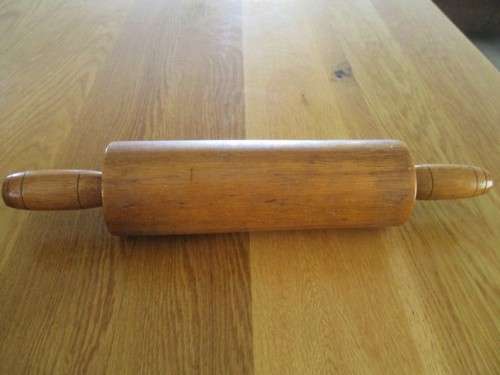 FOR MATVIS ONLY -LARGE VINTAGE SOLID WOOD ROLLING PIN WITH WALL MOUNTED RACK - HANDY AND DECORATIVE!