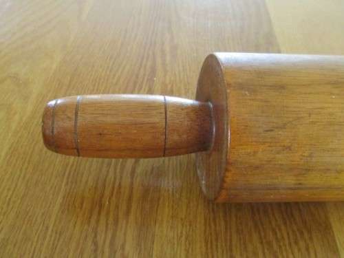 FOR MATVIS ONLY -LARGE VINTAGE SOLID WOOD ROLLING PIN WITH WALL MOUNTED RACK - HANDY AND DECORATIVE!