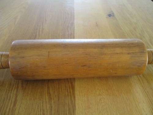 FOR MATVIS ONLY -LARGE VINTAGE SOLID WOOD ROLLING PIN WITH WALL MOUNTED RACK - HANDY AND DECORATIVE!